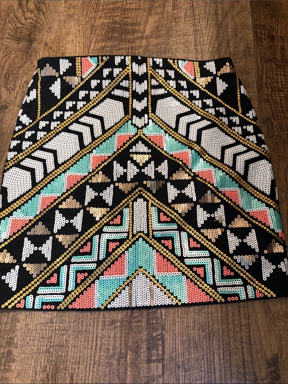 Express Black Mini Skirt with Multicolor Aztec Tribal Sequin Pattern - Picture 3 of 3
